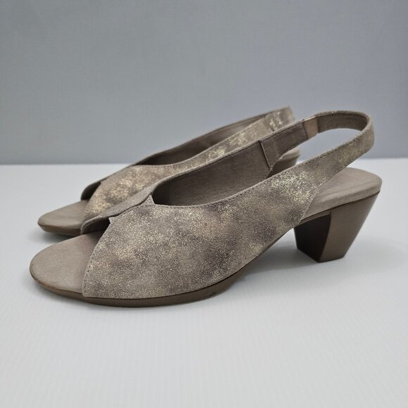Munro Rochelle Heel Womens 9 Taupe Shimmer Suede Slingback Peep Toe Comfort - Picture 1 of 13